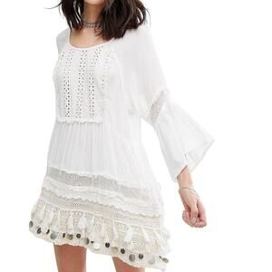 RAGA Sun Goddess White Coin Gypsy Boho Tunic Mini Dress Size XS
